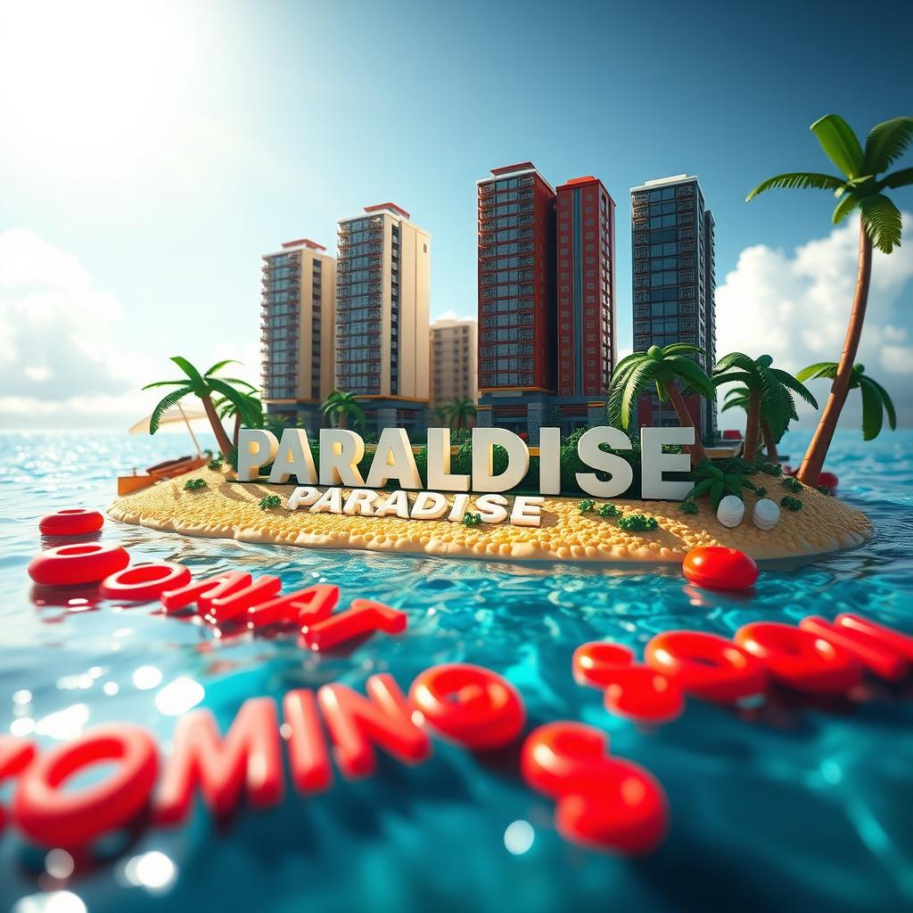 A close-up ground level view of a small LEGO island shore, showcasing tall LEGO buildings that spell "PLASTIC" with "PARADISE" directly underneath