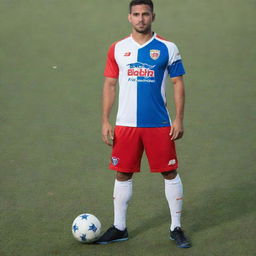 A football kit in white, blue, and red designed in the style of New Balance, now with the Alianza León of Nicaragua branding