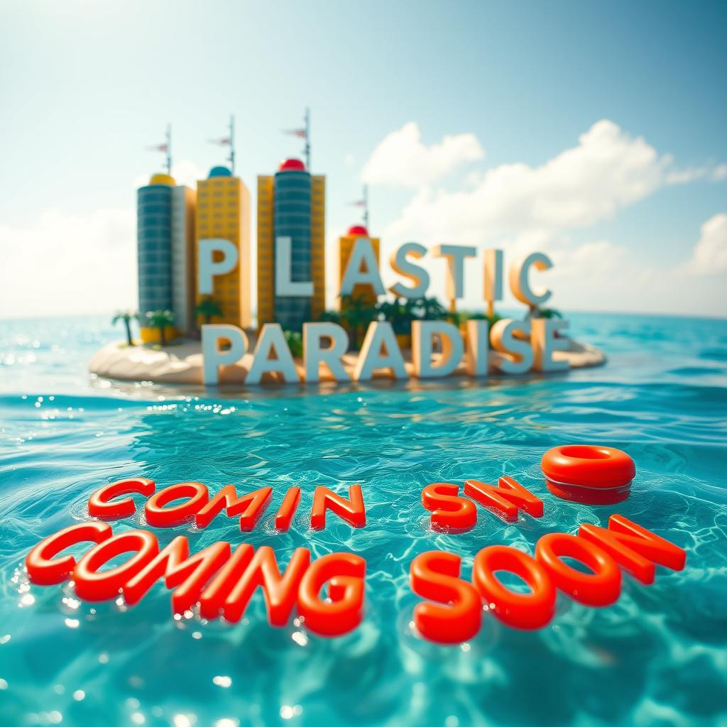 A close-up, ground-level view of a small LEGO island shore, where tall LEGO buildings spell "PLASTIC" and below it, "PARADISE