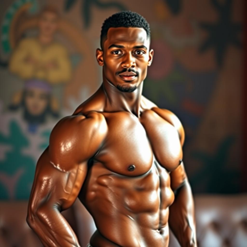 A strikingly handsome and muscular gay black man with an impressive, well-defined physique posing confidently