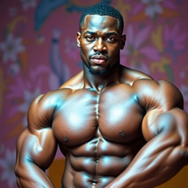 A strikingly handsome and muscular gay black man with an impressive, well-defined physique posing confidently