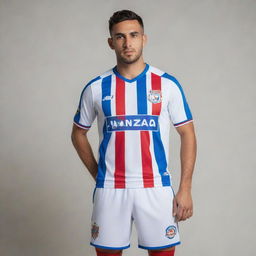 A football kit in white, blue, and red designed in the style of New Balance, now with the Alianza León of Nicaragua branding