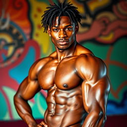 A strikingly handsome and muscular gay black man with an impressive, well-defined physique posing confidently