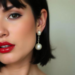 A sensual close-up of a woman with short black hair, wearing elegant pearl earrings and subtle makeup