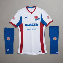 A football kit in white, blue, and red designed in the style of New Balance, now with the Alianza León of Nicaragua branding