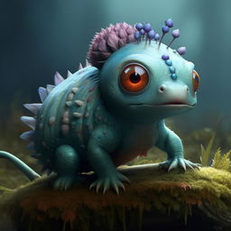 Create a lifelike image of a small quadruped with teal-blue skin, prominent red eyes and a large bulbous plant growing on its back that promises a future blooming flower.