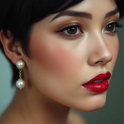 A sensual close-up of a woman with short black hair, wearing elegant pearl earrings and subtle makeup