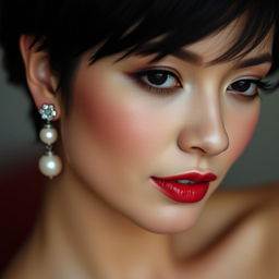 A sensual close-up of a woman with short black hair, wearing elegant pearl earrings and subtle makeup