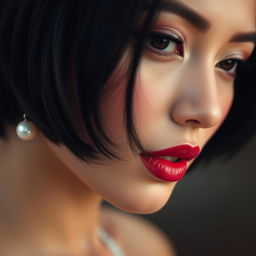 A sensual close-up of a woman with short black hair, wearing elegant pearl earrings and subtle makeup