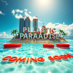 A detailed, ground-level view of a small LEGO island shore with towering LEGO buildings that spell out "PLASTIC" and underneath "PARADISE