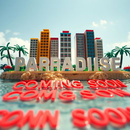 A close-up, ground-level perspective of a small LEGO island shore, featuring tall LEGO buildings arranged to spell "PLASTIC" with "PARADISE" underneath