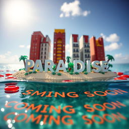 A close-up, ground-level perspective of a small LEGO island shore, featuring tall LEGO buildings arranged to spell "PLASTIC" with "PARADISE" underneath