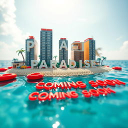 A close-up, ground-level perspective of a small LEGO island shore, featuring tall LEGO buildings arranged to spell "PLASTIC" with "PARADISE" underneath