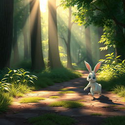 In the early morning, a small white rabbit walks along a forest path, illustrated in Pixar's style