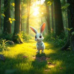 In the early morning, a small white rabbit walks along a forest path, illustrated in Pixar's style