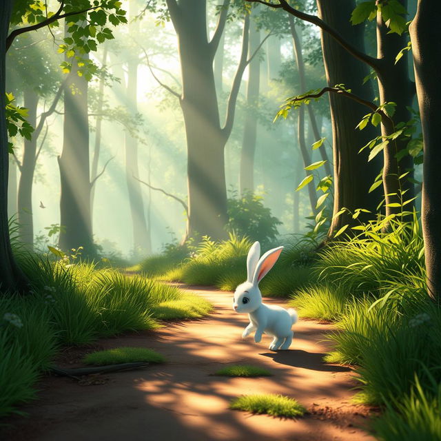 In the early morning, a small white rabbit walks along a forest path, illustrated in Pixar's style