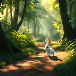 In the early morning, a small white rabbit walks along a forest path, illustrated in Pixar's style