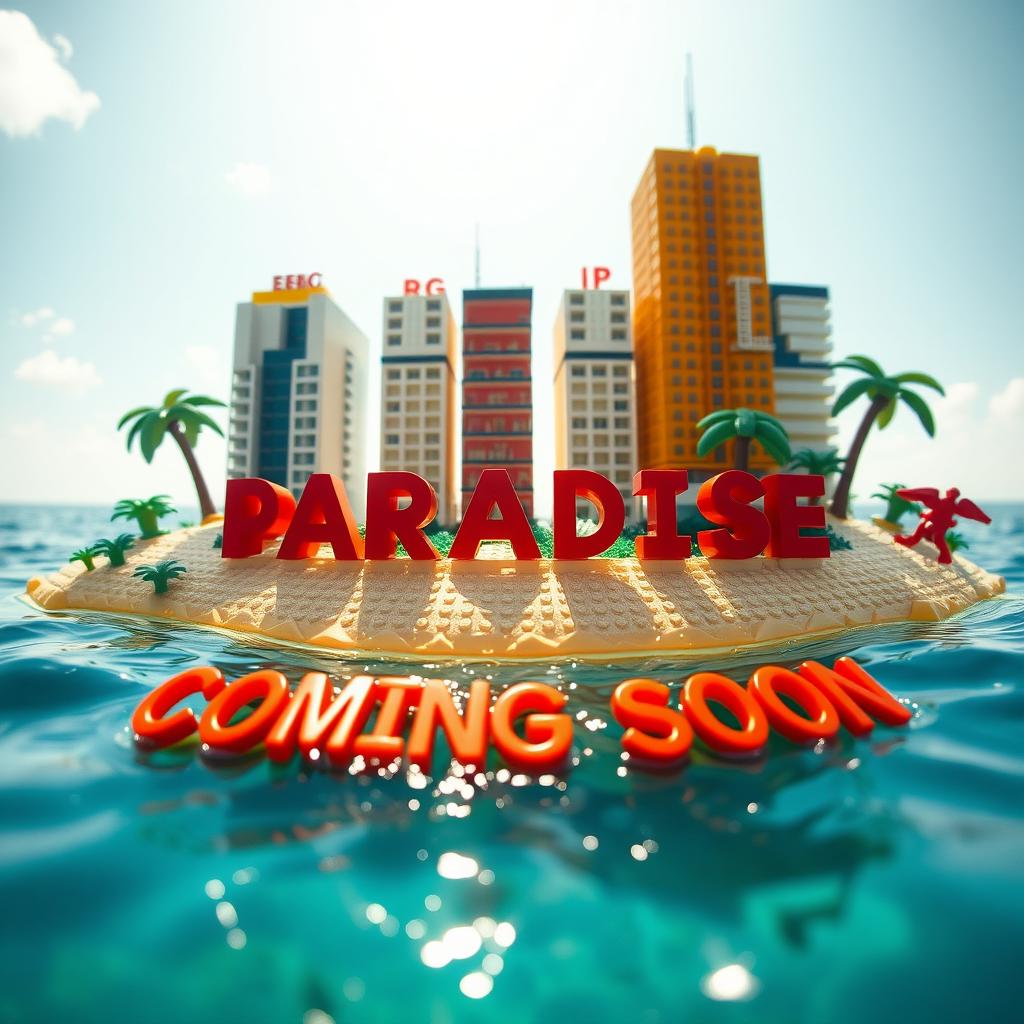 Close-up ground-level view of a small LEGO island shore, featuring tall LEGO buildings arranged to spell "PLASTIC" with "PARADISE" below, set in a bright sunny day ambiance surrounded by water