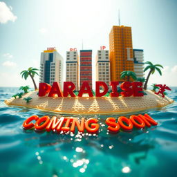 Close-up ground-level view of a small LEGO island shore, featuring tall LEGO buildings arranged to spell "PLASTIC" with "PARADISE" below, set in a bright sunny day ambiance surrounded by water