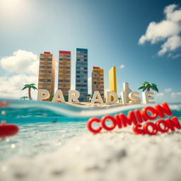 Close-up ground-level view of a small LEGO island shore, featuring tall LEGO buildings arranged to spell "PLASTIC" with "PARADISE" below, set in a bright sunny day ambiance surrounded by water