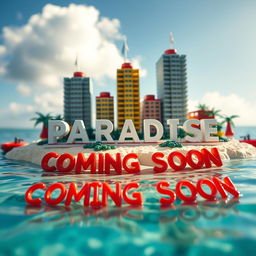 Close-up ground-level view of a small LEGO island shore, featuring tall LEGO buildings arranged to spell "PLASTIC" with "PARADISE" below, set in a bright sunny day ambiance surrounded by water