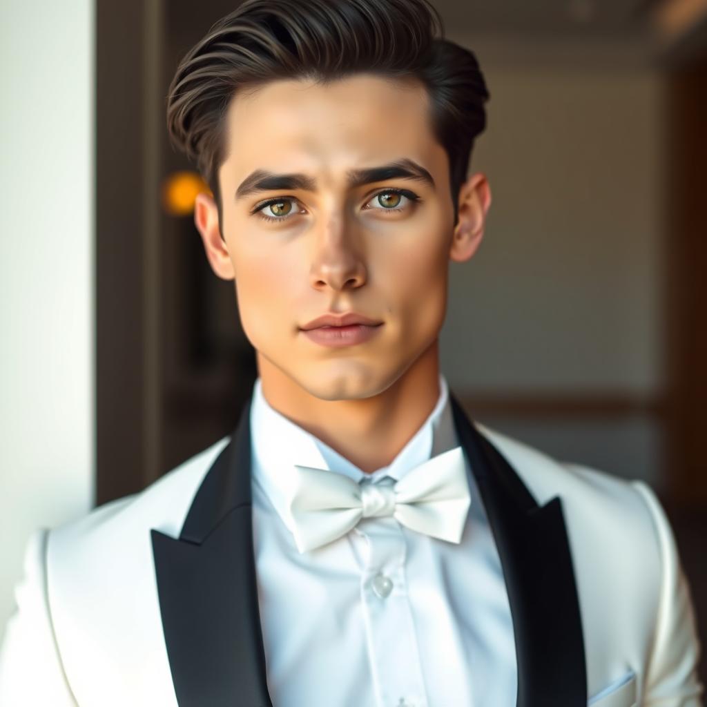 A handsome young man with striking brown eyes and sleek black hair, dressed in an elegant tuxedo