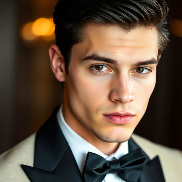 A handsome young man with striking brown eyes and sleek black hair, dressed in an elegant tuxedo