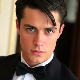 A handsome young man with striking brown eyes and sleek black hair, dressed in an elegant tuxedo