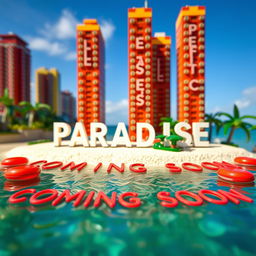 Close-up, ground-level view of a small LEGO island shore, with tall LEGO buildings spelling the words "PLASTIC" above "PARADISE"