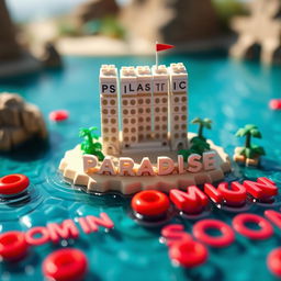 Close-up, ground-level view of a small LEGO island shore, with tall LEGO buildings spelling the words "PLASTIC" above "PARADISE"