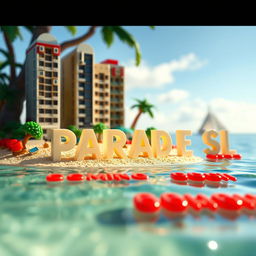 Close-up, ground-level view of a small LEGO island shore, with tall LEGO buildings spelling the words "PLASTIC" above "PARADISE"