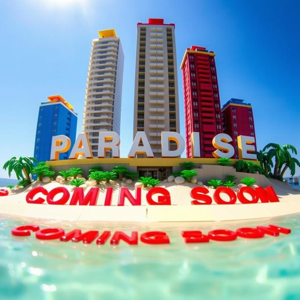 Close-up ground-level view of a small LEGO island shore, showcasing tall LEGO buildings spelling the words "PLASTIC" and "PARADISE" underneath each other