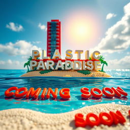 Close-up ground-level view of a small LEGO island shore, showcasing tall LEGO buildings spelling the words "PLASTIC" and "PARADISE" underneath each other