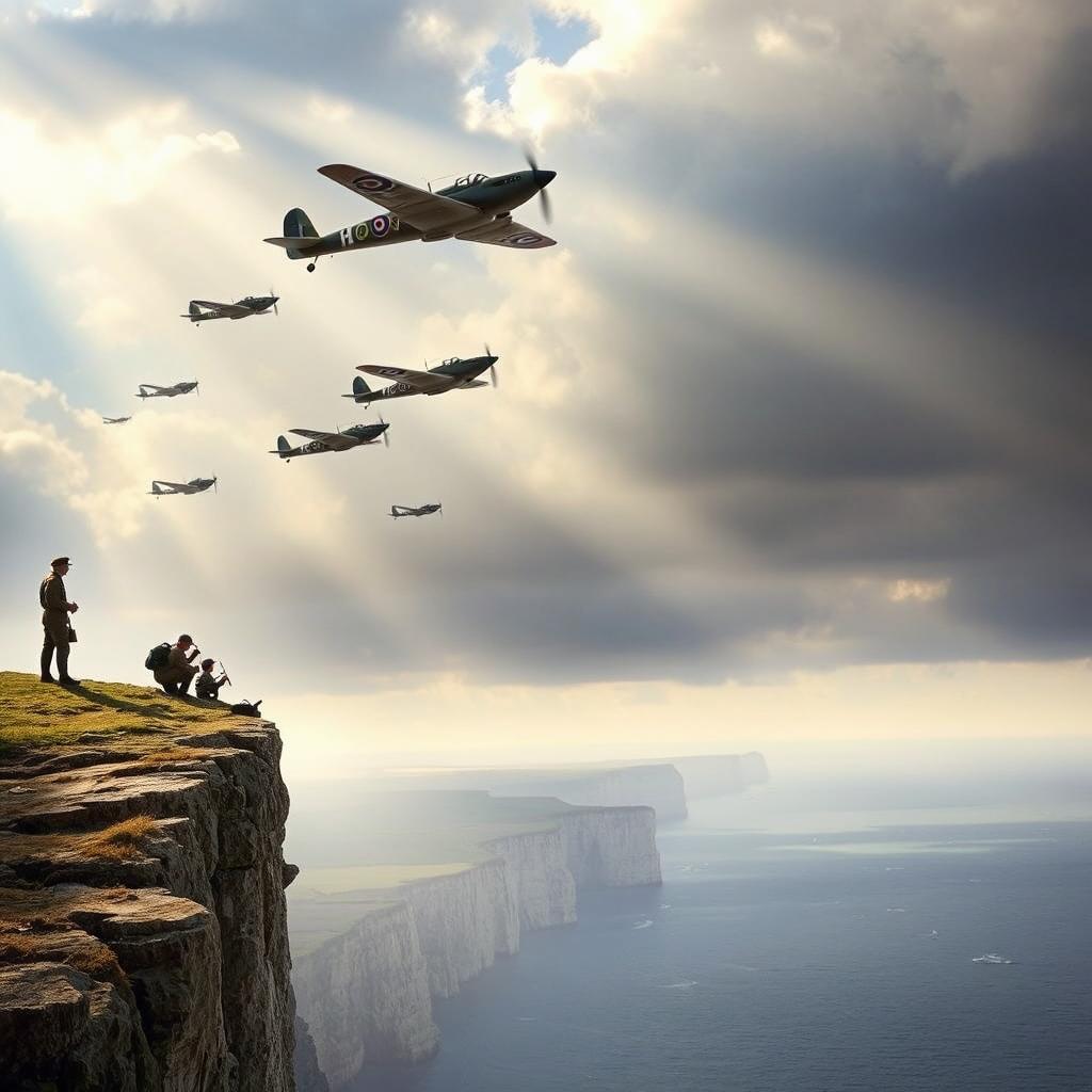 A dramatic scene depicting the iconic Dover Cliff top during the Second World War, with several aircraft approaching in the sky