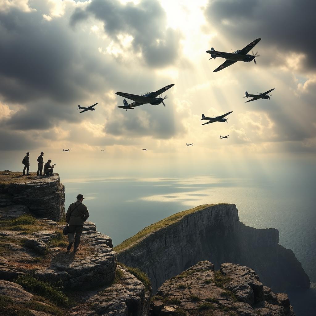 A dramatic scene depicting the iconic Dover Cliff top during the Second World War, with several aircraft approaching in the sky