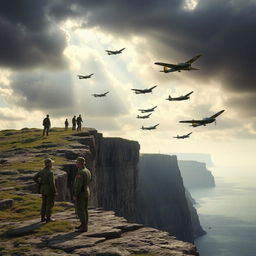 A dramatic scene depicting the iconic Dover Cliff top during the Second World War, with several aircraft approaching in the sky