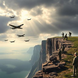 A dramatic scene depicting the iconic Dover Cliff top during the Second World War, with several aircraft approaching in the sky