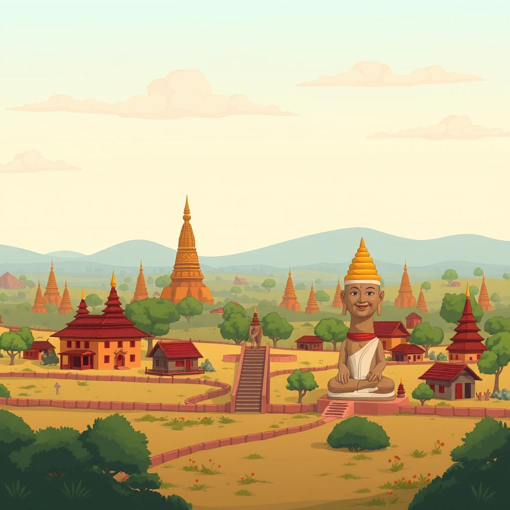 A cartoon depiction of the Bagan horizon in an ancient Myanmar village, featuring a small zaydi (stupa), quaint village homes, and a distinct statue