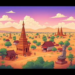 A cartoon depiction of the Bagan horizon in an ancient Myanmar village, featuring a small zaydi (stupa), quaint village homes, and a distinct statue