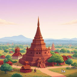 A cartoon depiction of the Bagan horizon in an ancient Myanmar village, featuring a small zaydi (stupa), quaint village homes, and a distinct statue