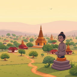 A cartoon depiction of the Bagan horizon in an ancient Myanmar village, featuring a small zaydi (stupa), quaint village homes, and a distinct statue