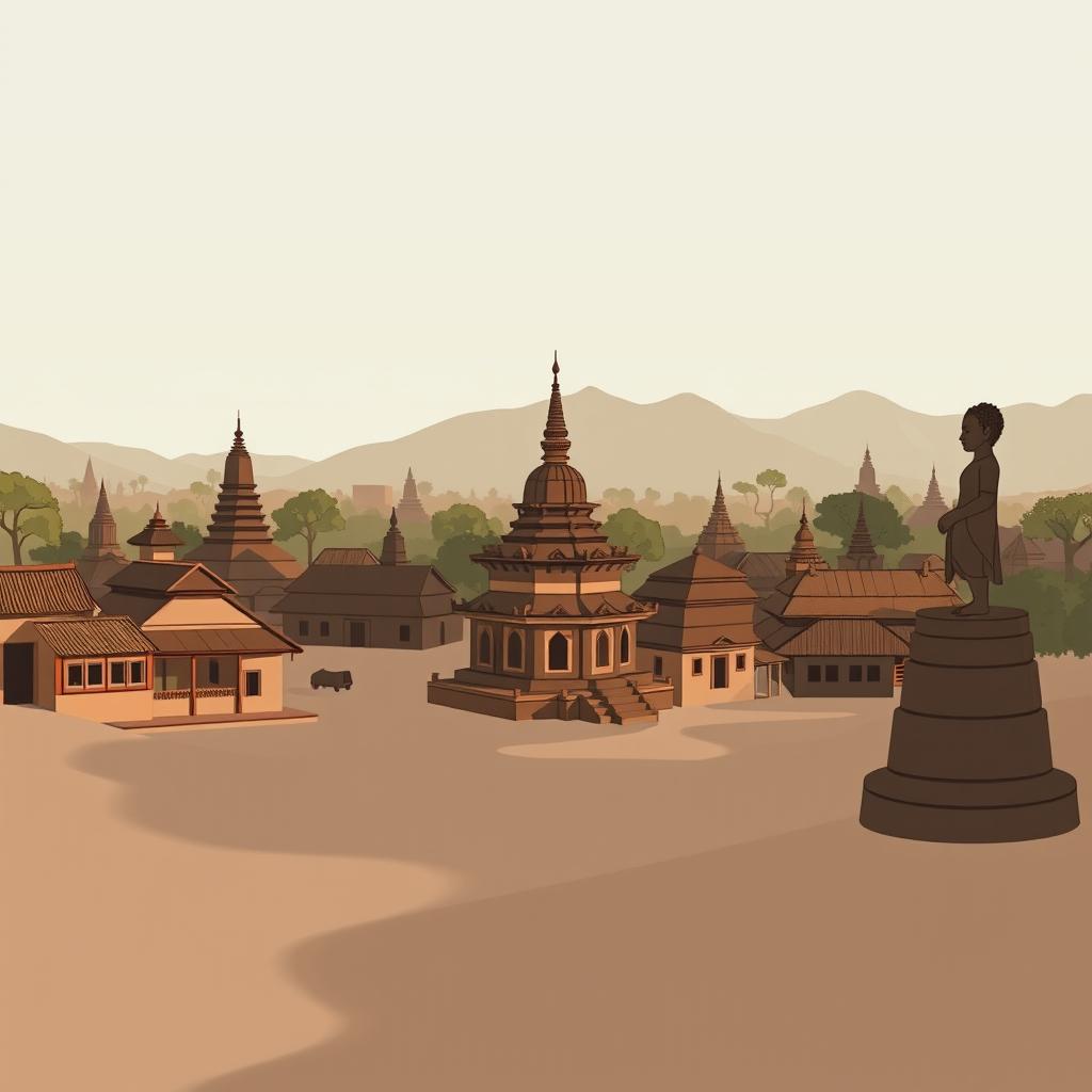 A shadowy cartoon representation of the Bagan region in an ancient Myanmar village, featuring a small zaydi (stupa), village dwellings, and a prominent statue