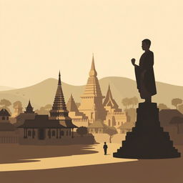 A shadowy cartoon representation of the Bagan region in an ancient Myanmar village, featuring a small zaydi (stupa), village dwellings, and a prominent statue