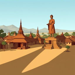 A shadowy cartoon representation of the Bagan region in an ancient Myanmar village, featuring a small zaydi (stupa), village dwellings, and a prominent statue