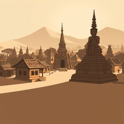 A shadowy cartoon representation of the Bagan region in an ancient Myanmar village, featuring a small zaydi (stupa), village dwellings, and a prominent statue