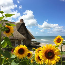 A beautiful Devon thatched cottage situated by a serene beach, surrounded by vibrant sunflowers in full bloom