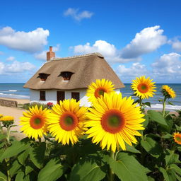 A beautiful Devon thatched cottage situated by a serene beach, surrounded by vibrant sunflowers in full bloom