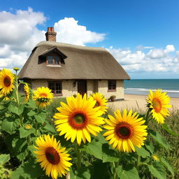 A beautiful Devon thatched cottage situated by a serene beach, surrounded by vibrant sunflowers in full bloom