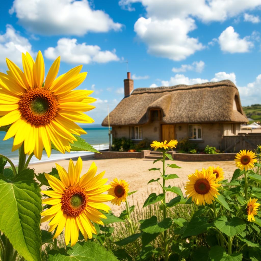 A beautiful Devon thatched cottage situated by a serene beach, surrounded by vibrant sunflowers in full bloom