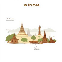 A shadow infographic in cartoon style, depicting the Bagan region of an ancient Myanmar village